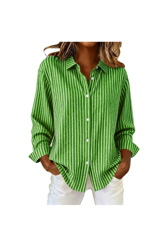 Women's Button down Shirts Long Sleeve Collared Striped Business Casual Tops Dressy Work Blouses Loose Dress Shirts(Green,Small)