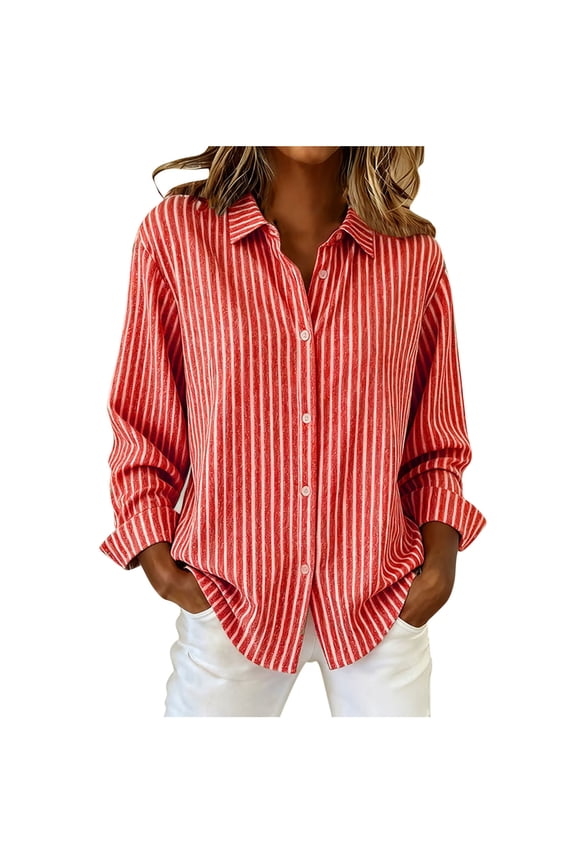 Women's Button down Shirts Long Sleeve Collared Striped Business Casual Tops Dressy Work Blouses Loose Dress Shirts(Red,X-Large)