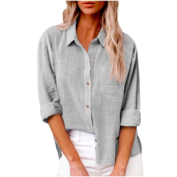 Lenpel Women's Button down Shirts Long Sleeve Lapel Loose Casual Solid Cotton Linen Tops Plus Size Fashion Blouses