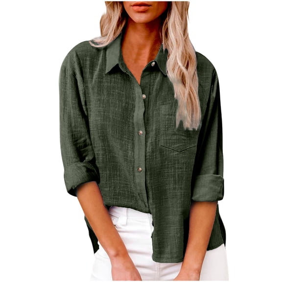 Lenpel Women's Button down Shirts Long Sleeve Lapel Loose Casual Solid Cotton Linen Tops Plus Size Fashion Blouses