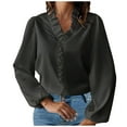 thumbnail image 1 of Lenpel Women's Button down Shirts Plus Size Elegant V Neck Ruffle Long Sleeve Blouses Business Casual Tunic Tops, 1 of 4