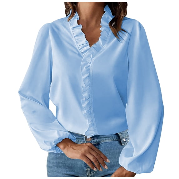 Lenpel Women's Button down Shirts Plus Size Elegant V Neck Ruffle Long Sleeve Blouses Business Casual Tunic Tops