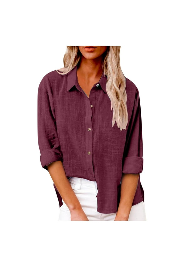 Women's Button down Shirts Plus Size Lightweight Long Sleeve Solid Color Cotton Linen Blouses Loose Casual Tops
