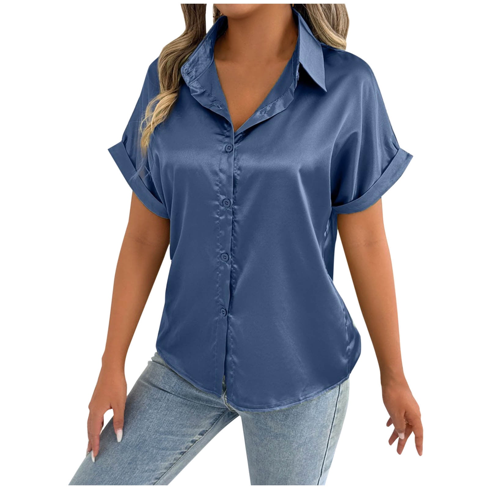 Lenpel Women's Button down Shirts Satin Short Sleeve Collared Dressy ...