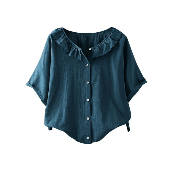 Lenpel Women's Button down Shirts Short Sleeve Ruffle Collared Crew Neck Casual Blouses Trendy Summer Tops