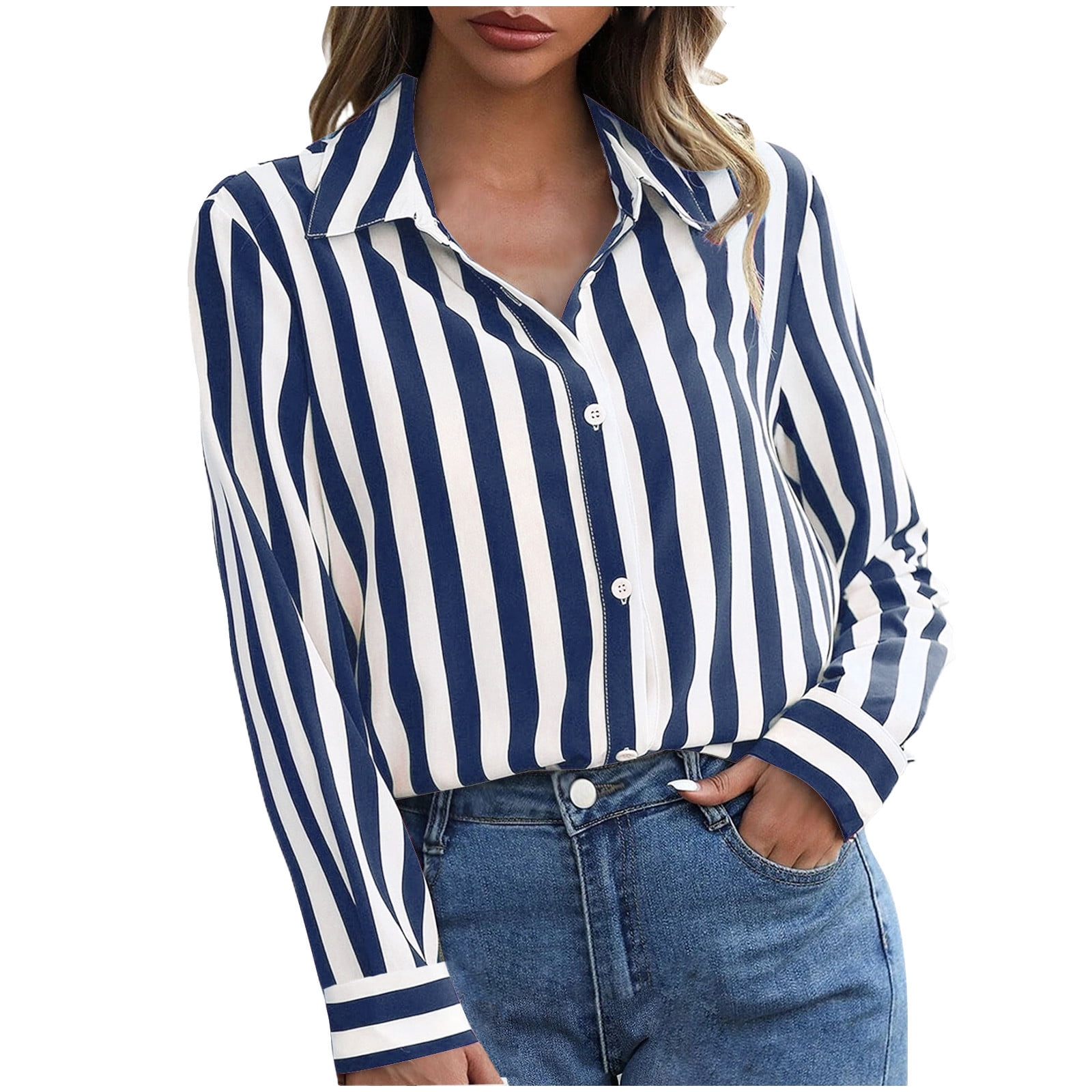 Women's Navy Blue & White Striped Button-Down Shirt – Long Sleeve | Smart Casual & Office Wear main image 0
