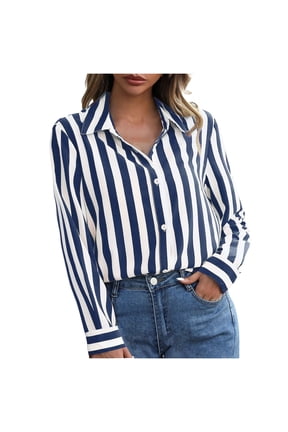 Women's Button down Shirts Striped Long Sleeve Collared Business Casual Office Work Blouses Fall Clothes