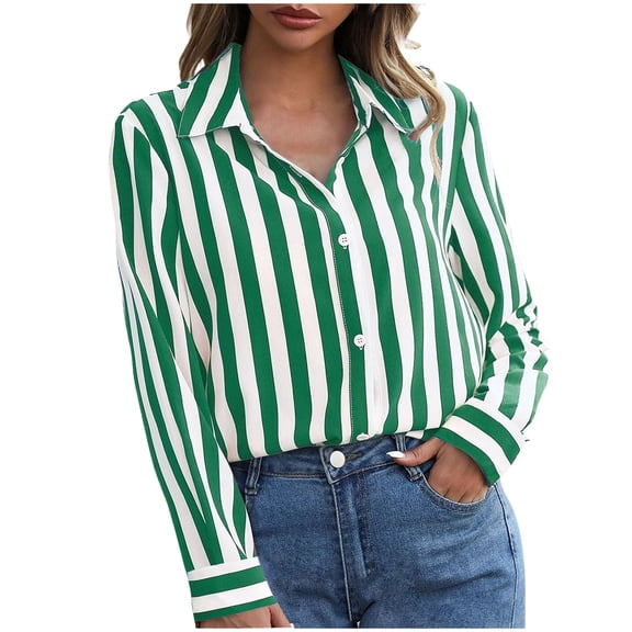 Lenpel Women's Button down Shirts Striped Long Sleeve Collared Business Casual Office Work Blouses Fall Clothes