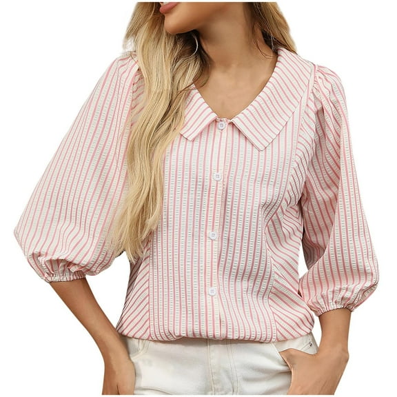 Lenpel Women's Button down Shirts Striped V Neck Collared Pleated 3/4 Length Lantern Sleeve Tops Summer Spring Outfits