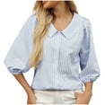 thumbnail image 1 of Lenpel Women's Button down Shirts Striped V Neck Collared Pleated 3/4 Length Lantern Sleeve Tops Summer Spring Outfits, 1 of 7