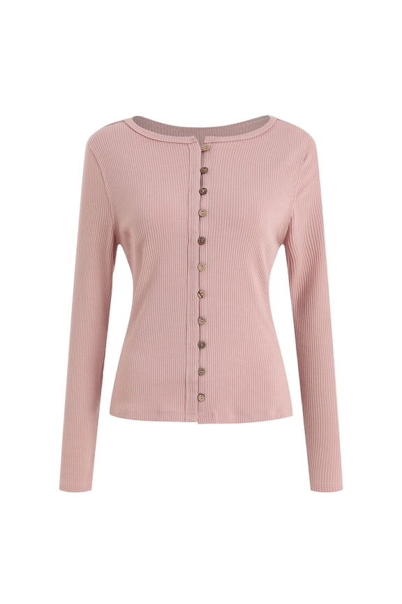 Women's Button down Shirts Trendy Long Sleeve Boat Neck Ribbed Knit Slim Crop Tops Soft Casual Blouses(Pink,Large)