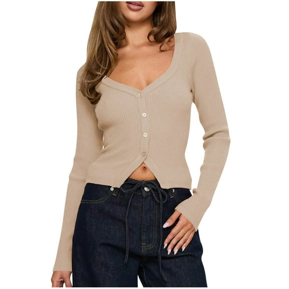 Lenpel Women's Button down Shirts Trendy Long Sleeve Deep V Neck Ribbed Knit Slim Crop Tops Soft Casual Blouses Going out Tops(Beige,X-Large)