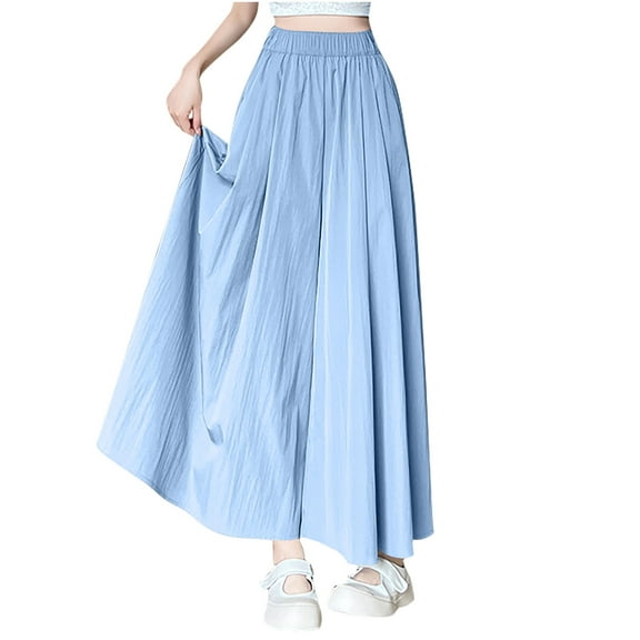 Lenpel Women's Capri Culottes Pants Elastic High Waisted Cropped Solid Color Wide Leg Trousers Casual Palazzo Pants