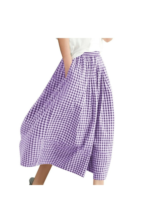 Women's Capri Culottes Pants Elastic High Waisted Pull on Wide Leg Plaid Cropped Trousers Capri Palazzo Pants with Pockets