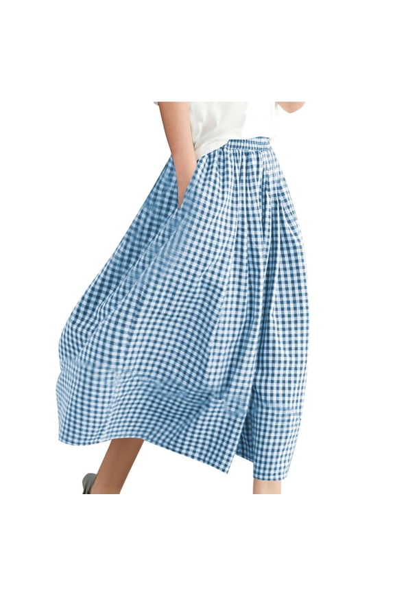 Women's Capri Culottes Pants Elastic High Waisted Pull on Wide Leg Plaid Cropped Trousers Capri Palazzo Pants with Pockets