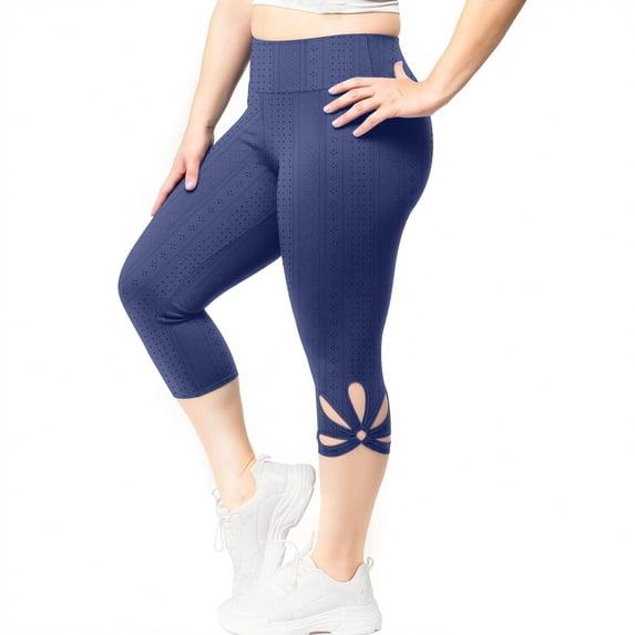 Lenpel Women's Capri Leggings High Waisted Eyelet Embroidered Hollow out Hem Slim Cropped Workout Yoga Pants Casual Capri Leggings