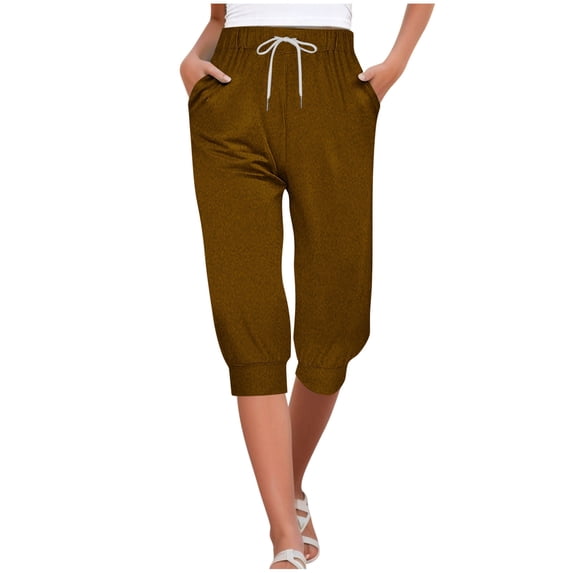 Lenpel Women's Capri Pants Comfy Drawstring Elastic High Wasited Tapered Cropped Lounge Pants Casual Capris Sweatpants