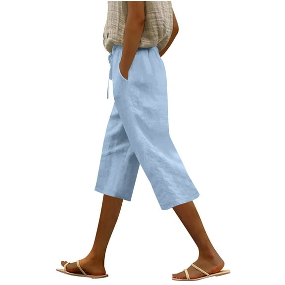 Lenpel Women's Capri Pants Cotton Linen Elastic High Waisted Drawstring Wide Leg Cropped Pants Loose Casual Trousers with Pockets