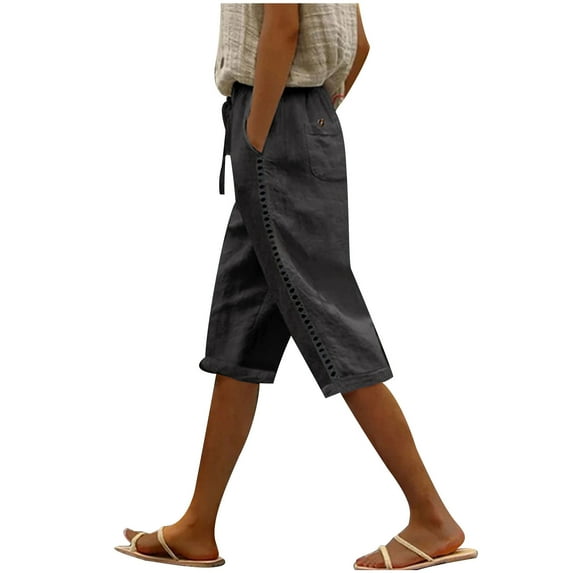 Lenpel Women's Capri Pants Cotton Linen Elastic Waist Drawstring Lace Side Straight Leg Cropped Trousers Summer Casual Beach Shorts