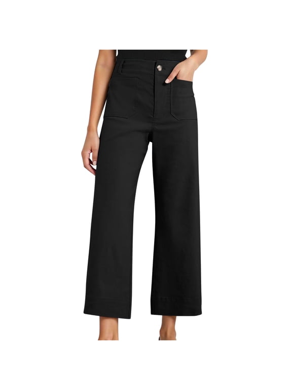 Women's Capri Pants Dressy Casual High Waisted Wide Leg Cropped Pants Loose Office Capris Trousers with Pockets
