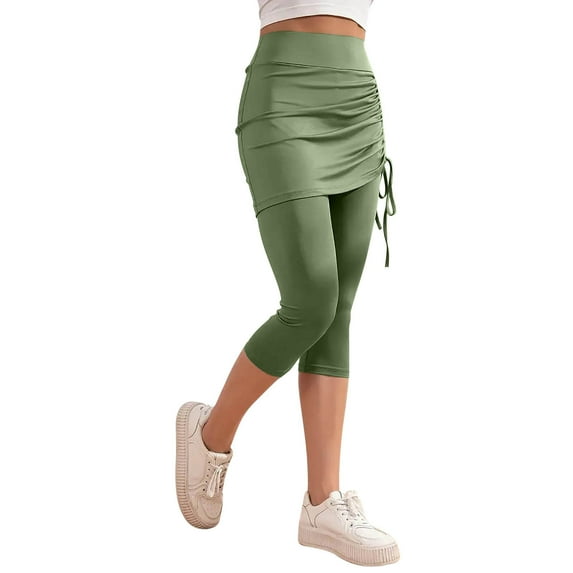 Lenpel Women's Capri Skirted Leggings Soft Casual High Waisted Slim Knee Length Yoga Pants with Ruched Skirts Active Tennis Tights