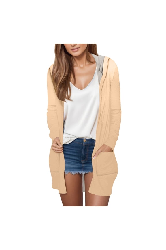 Women's Cardigan Fall Long Sleeve Open Front Hooded Outfits Trendy Solid Plus Size Jacket with Pockets