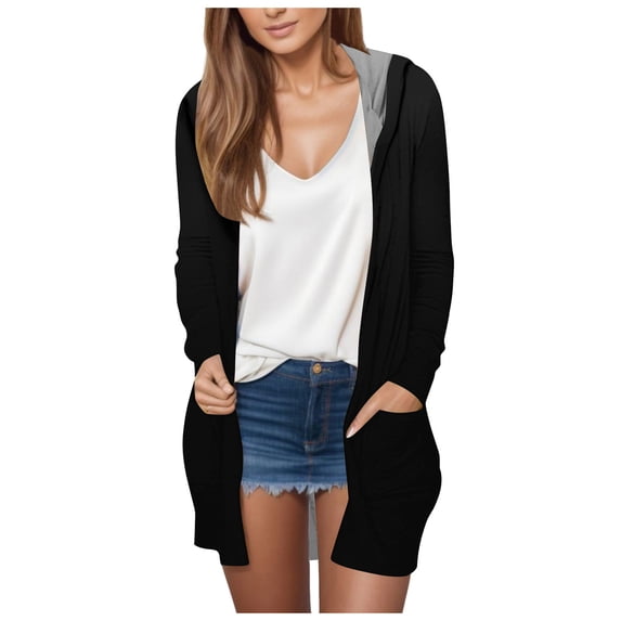 Lenpel Women's Cardigan Fall Long Sleeve Open Front Hooded Outfits Trendy Solid Plus Size Jacket with Pockets