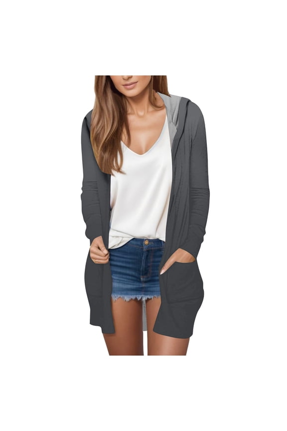 Women's Cardigan Fall Long Sleeve Open Front Hooded Outfits Trendy Solid Plus Size Jacket with Pockets