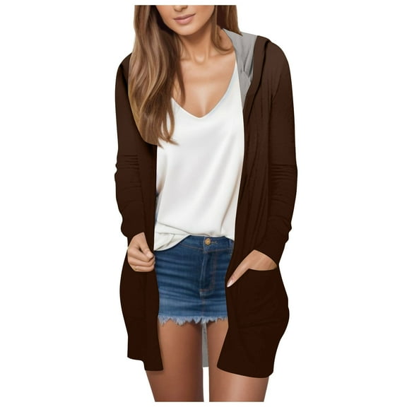 Lenpel Women's Cardigan Fall Long Sleeve Open Front Hooded Outfits Trendy Solid Plus Size Jacket with Pockets