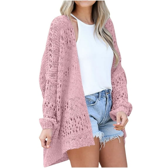 Lenpel Women's Cardigan Sweater Long Sleeve Hollow out Crochet Knitted Cardigan Open Front Plus Sized Sweaters