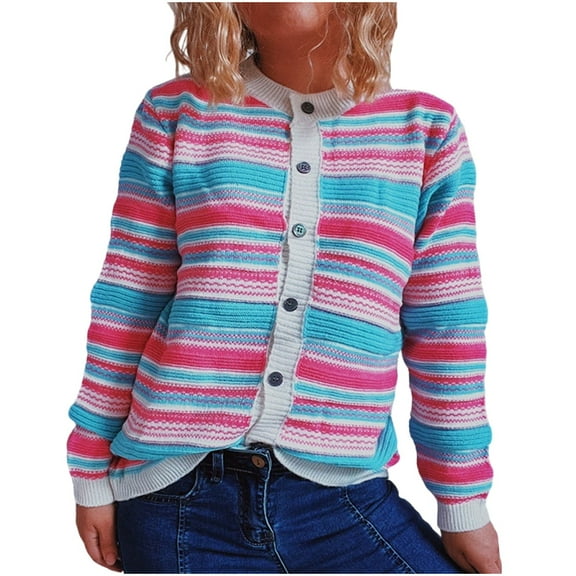 Lenpel Women's Cardigan Sweaters Button down Long Sleeve Striped Knit Coats Fall Lightweight Soft Outwear