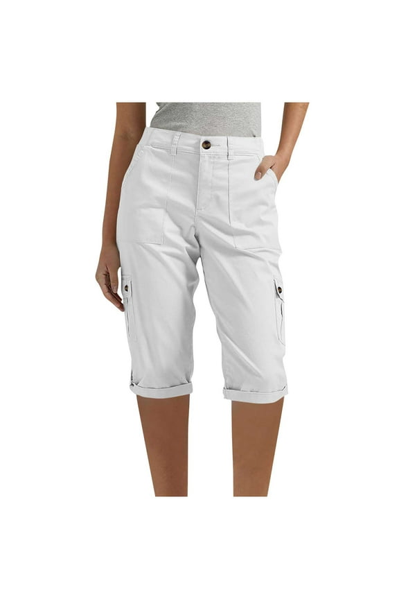 Women's Cargo Bermuda Shorts Elastic High Waisted Tapered Twill Fold Hem Knee Length Shorts Summer Travel Shorts with Pockets