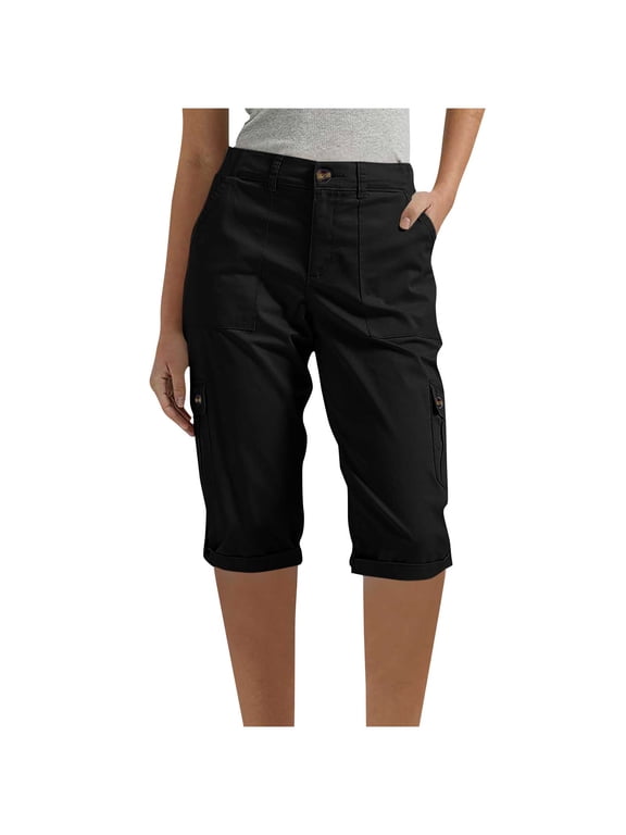 Women's Cargo Bermuda Shorts Elastic High Waisted Tapered Twill Fold Hem Knee Length Shorts Summer Travel Shorts with Pockets