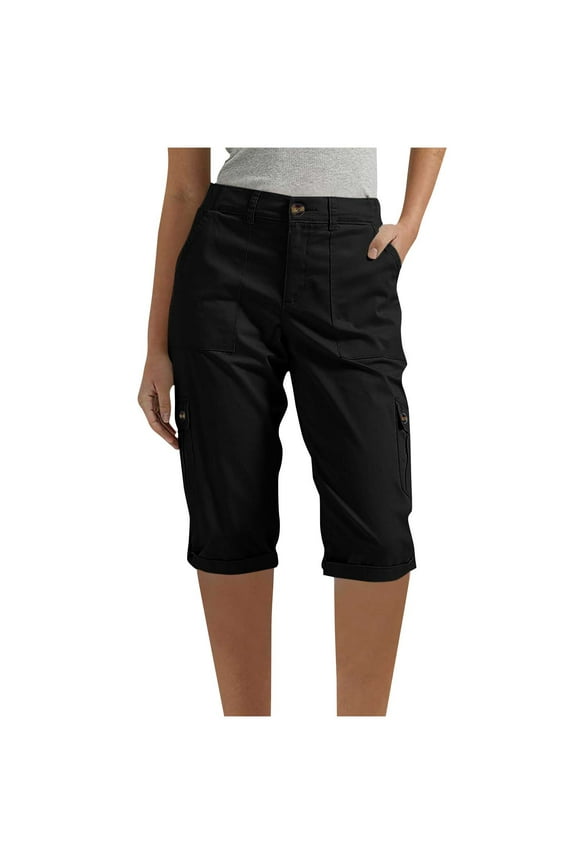 Women's Cargo Bermuda Shorts Elastic High Waisted Tapered Twill Fold Hem Knee Length Shorts Summer Travel Shorts with Pockets
