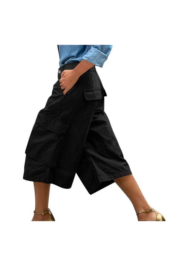 Women's Cargo Capri Pants Baggy High Waisted Wide Leg Cropped Travel Trousers Streetwear Casual Long Shorts with Pockets