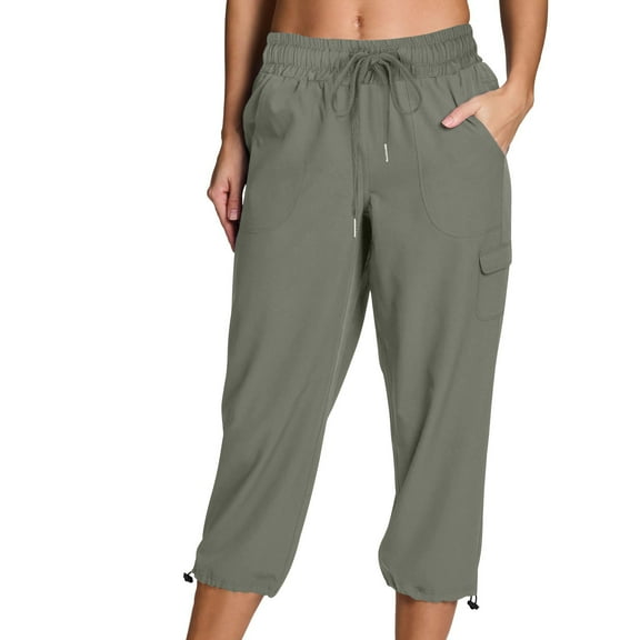 Lenpel Women's Cargo Capri Pants Loose Elastic High Waisted Drawstring Cropped Trousers Athletic Travel Casual Shorts