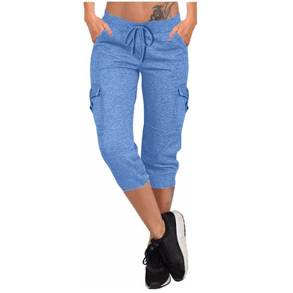 Lenpel Women's Cargo Capris Elastic Waist Drawstring Tapered Cropped Lounge Pants Athletic Casual Capri Sweatpants