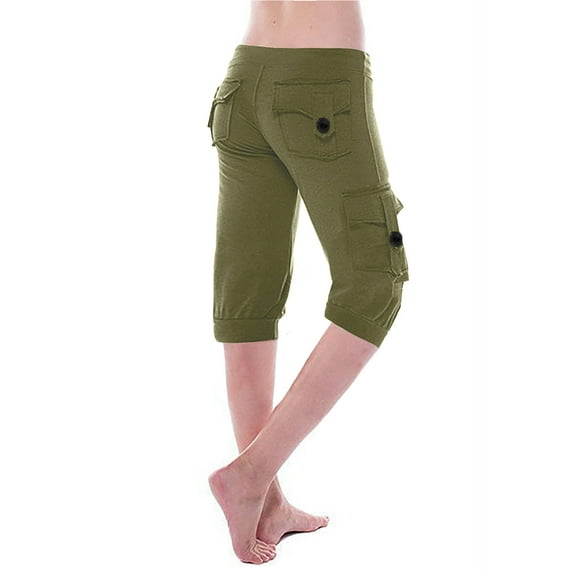 Lenpel Women's Cargo Gym Shorts Mid Rise Knee Length Capri Leggings Booty Workout Yoga Shorts with Pockets