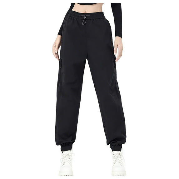 Lenpel Women's Cargo Joggers Plus Size Elastic High Waisted Waterproof Athletic Hiking Pants Travel Casual Trousers(Black,Large)