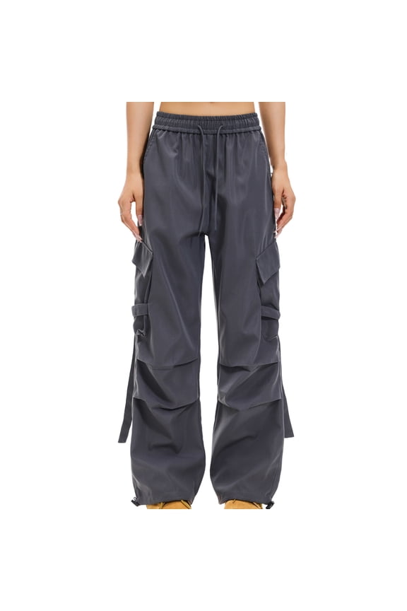 Women's Cargo Pants Elastic High Waisted Pleated Wide Leg Hiking Travel Pants Baggy Streetwear Casual Trousers with Pockets(Dark Gray,Large)