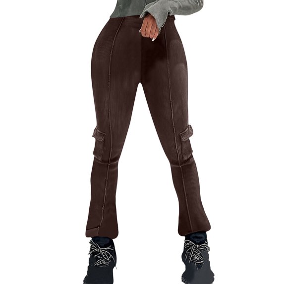 Lenpel Women's Cargo Pants High Waisted Pull on Ribbed Flare Leggings Bootcut Casual Trousers with Pockets