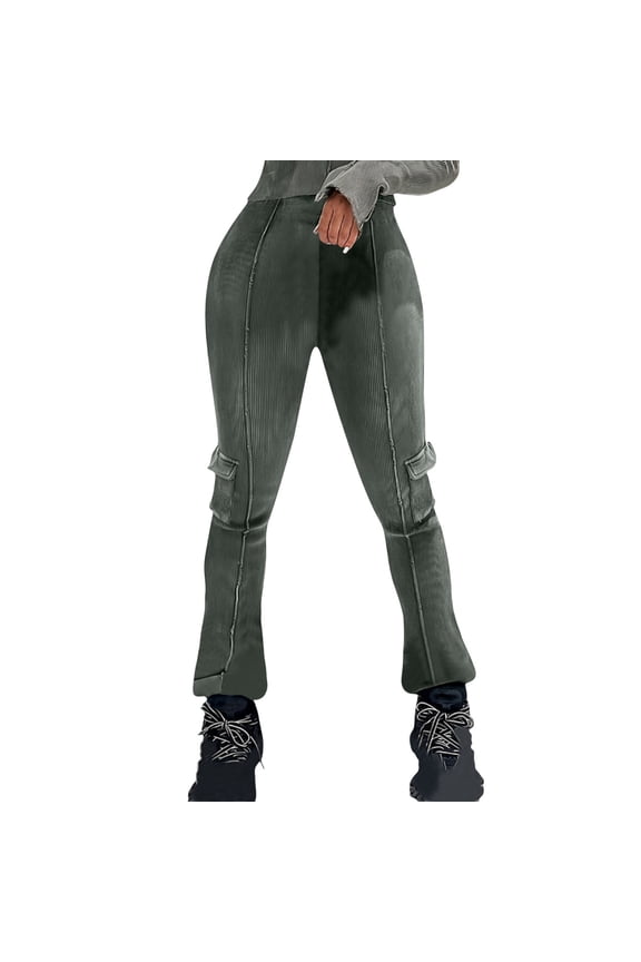 Women's Cargo Pants High Waisted Pull on Ribbed Flare Leggings Bootcut Casual Trousers with Pockets