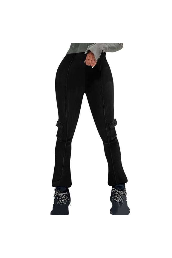 Women's Cargo Pants High Waisted Pull on Ribbed Flare Leggings Bootcut Casual Trousers with Pockets