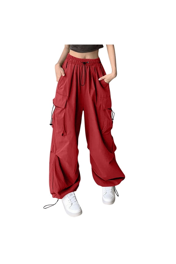 Women's Cargo Pants Lightweight Elastic High Waisted Wide Leg Travel Pants Baggy Streetwear Casual Trousers(Red,X-Large)