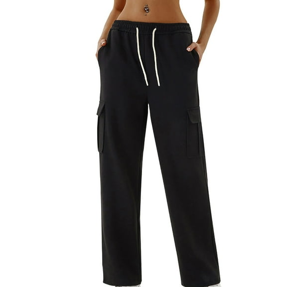 Lenpel Women's Cargo Sweatpants High Waisted Drawstring Wide Leg Athletic Joggers Workout Lounge Pants with Pockets
