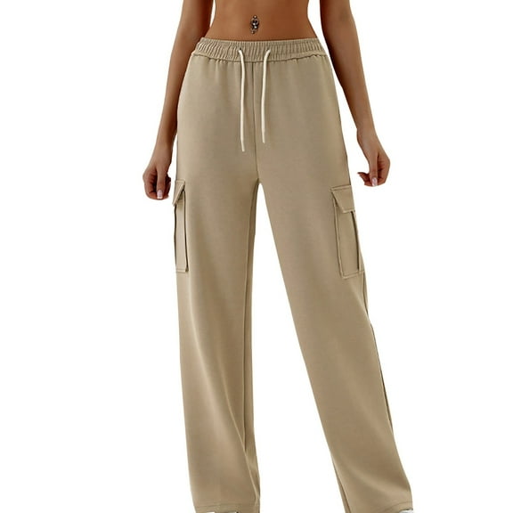 Lenpel Women's Cargo Sweatpants High Waisted Drawstring Wide Leg Athletic Joggers Workout Lounge Pants with Pockets