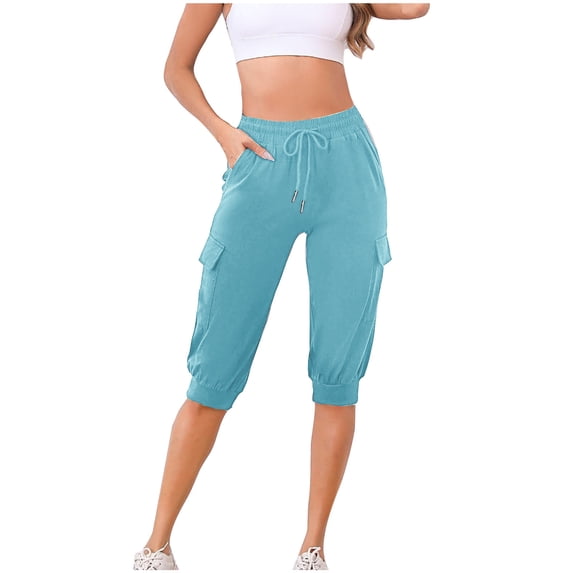 Lenpel Women's Cargo Sweatshorts Knee Length High Waisted Drawstring Workout Shorts Athletic Lounge Shorts with Pockets