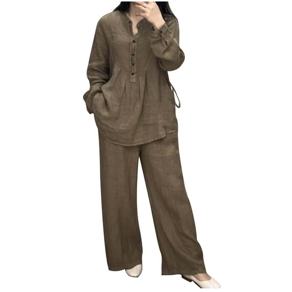Lenpel Women's Casual Outfits Cotton Linen Plus Size Long Sleeve Half Button Shirts Wide Leg Pants 2 Piece Lounge Set