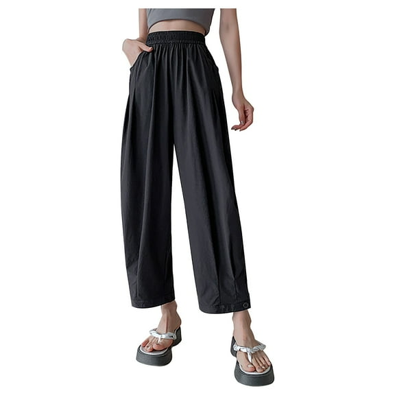 Lenpel Women's Casual Pants Elastic High Waisted Fold Pleated Palazzo Trousers Loose Lightweight Summer Lounge Pants