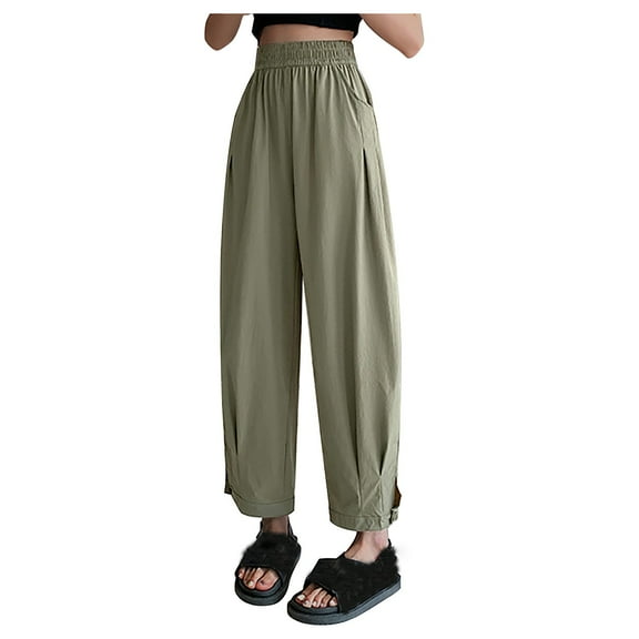 Lenpel Women's Casual Pants Elastic High Waisted Fold Pleated Palazzo Trousers Loose Lightweight Summer Lounge Pants